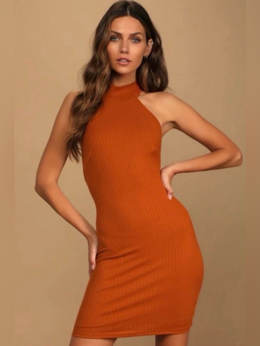NWT Lulu’s Rust Orange Ribbed Halter Bodycon Mini Dress / Medium